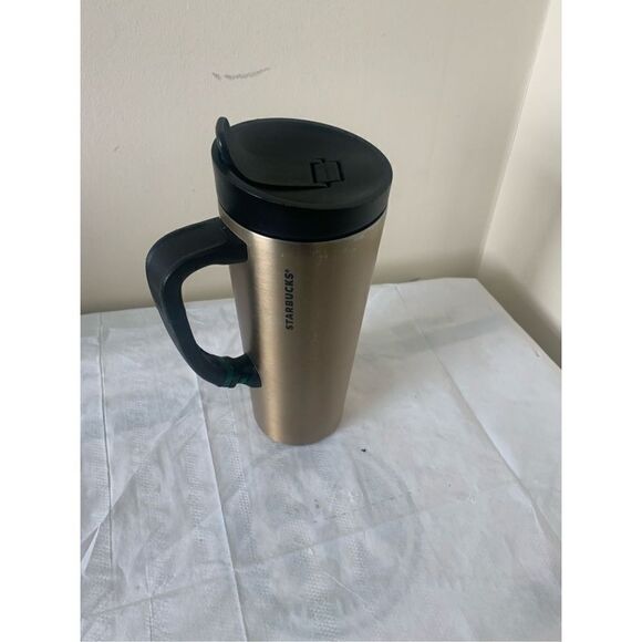 2013 Starbucks Stainless Steel 16oz Tumbler, Flip Top Lid, Clip Handle, Gold Cup - Picture 1 of 7